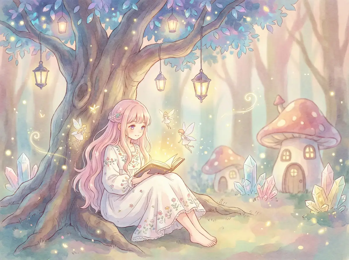 狗头萝莉 - 魔法森林中阅读故事书的粉发少女与精灵